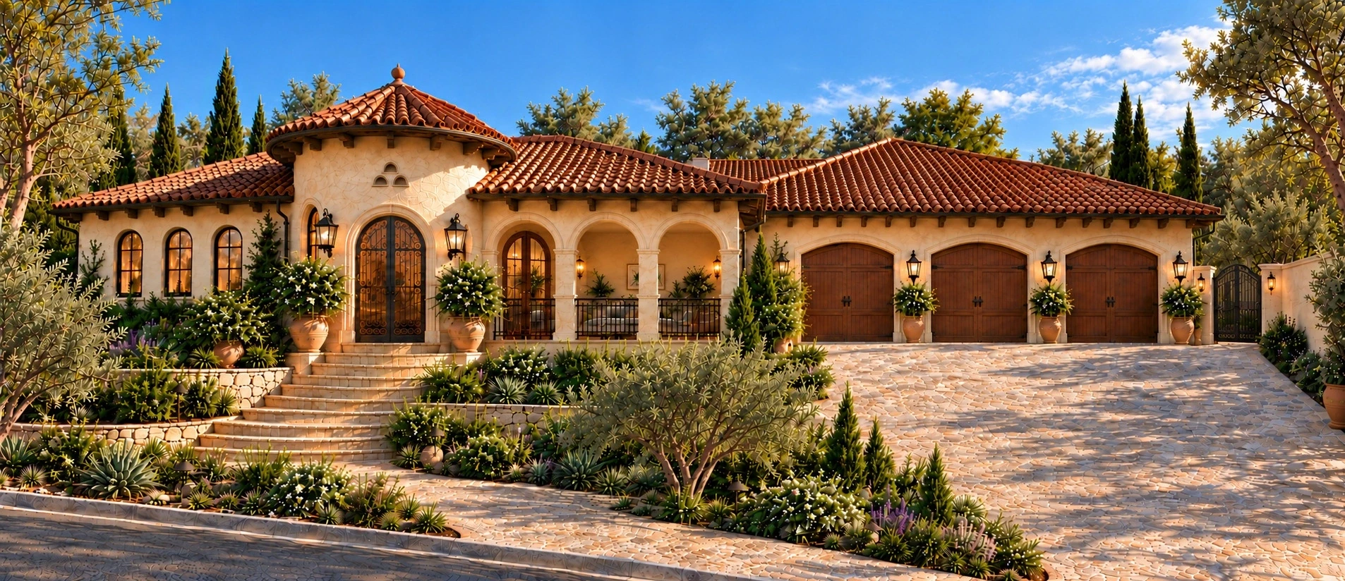 Design visualization of ivory plaster, clay tile, arched openings and a tiled entry rotunda.