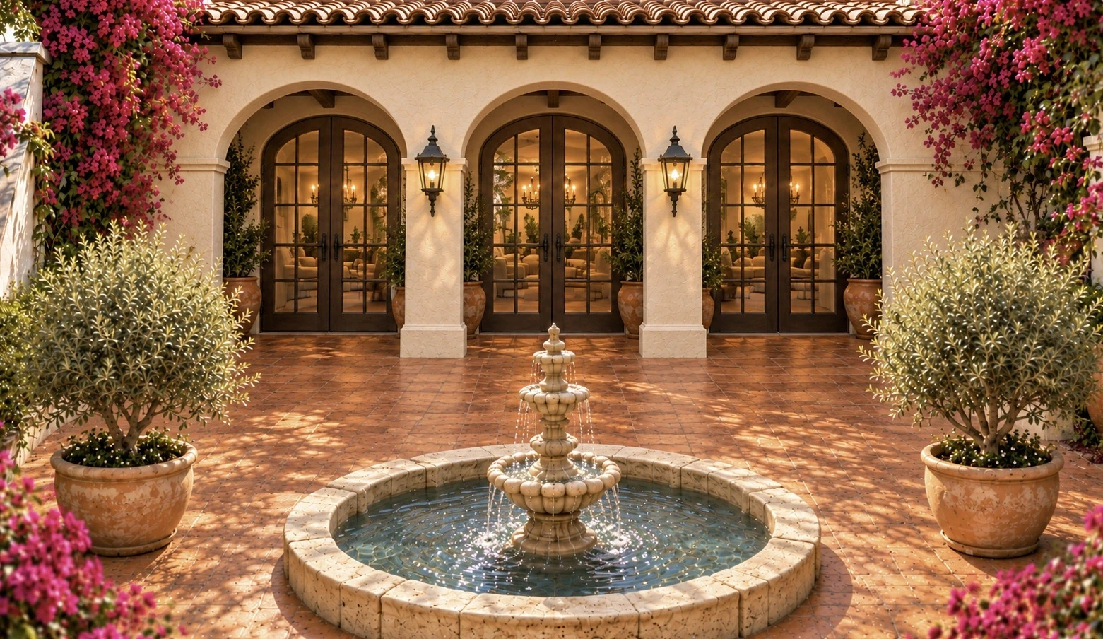 Courtyard design with a fountain, terracotta paving, olive trees and arched doors.