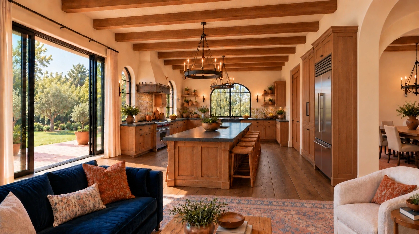 Warm traditional family room and kitchen with dark wood flooring, blue upholstery and iron lighting.