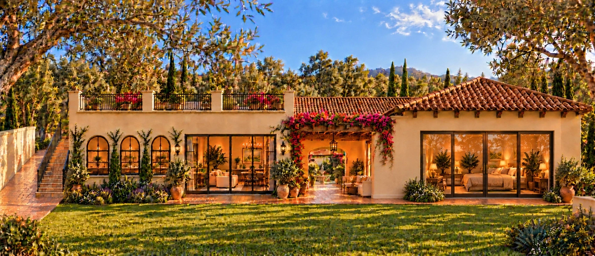 Garden-facing design with arched windows, covered outdoor living, an upper terrace and lawn.